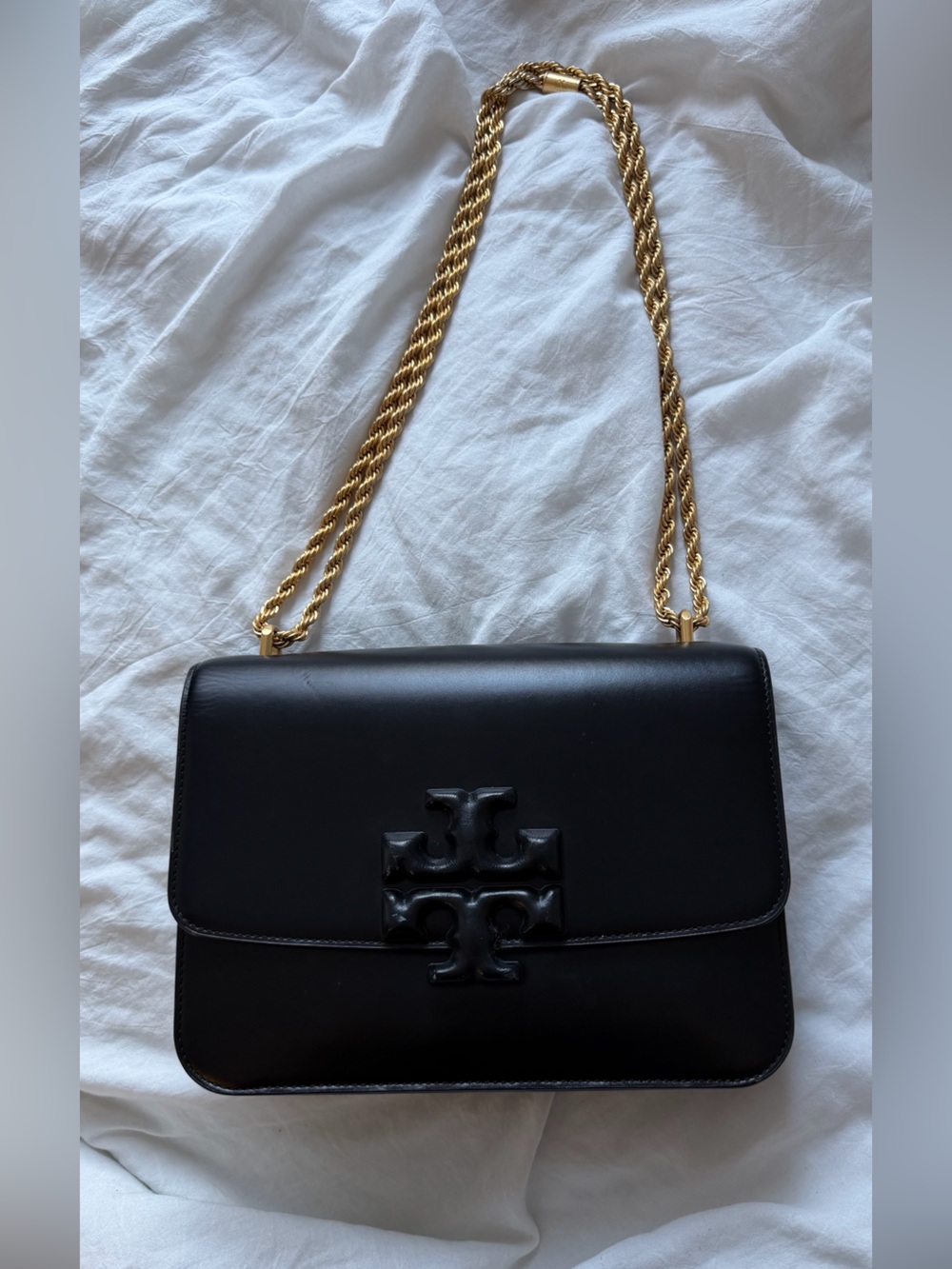 Tory Burch Black Leather Shoulder Bag with Gold Chain Strap and Logo